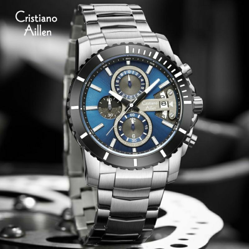 Jam Tangan Pria CRISTIANO AILLEN 8898 Rantai Silver Blue Chrono & Date Aktif Original