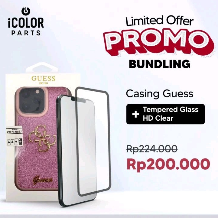 BUNDLING Casing Guess Gliter 4Logo + Tempered Glass HD clear for iPhone