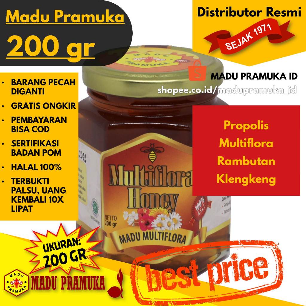 

Madu Pramuka 200 GR Gram - Multiflora Klengkeng Propolis Rambutan - Asli Enak Original Alami Murni