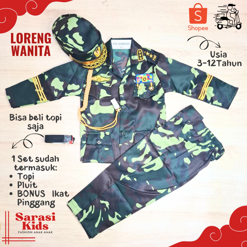 Baju tni anak wanita baju loreng anak perempuan kostum tentara anak perempuan baju profesi anak baju