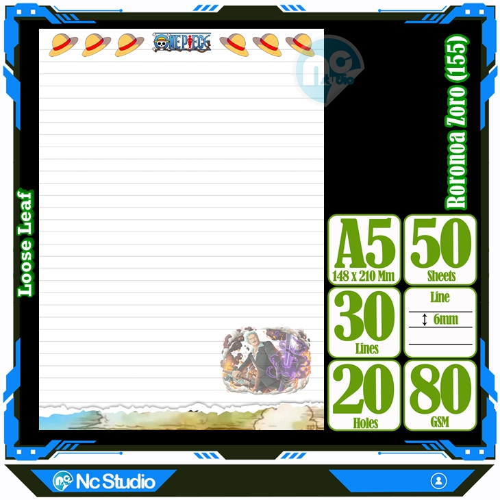 

Loose leaf Kertas binder A5 Isi 50 Lembar Polos karakter Roronoa Zoro One Piece Anime Kartun Buku Refil isi ulang Repil Vol-34