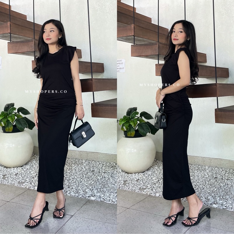 Basic Dress Casual Wanita Bodycon Slim Fit Midi Long Dress