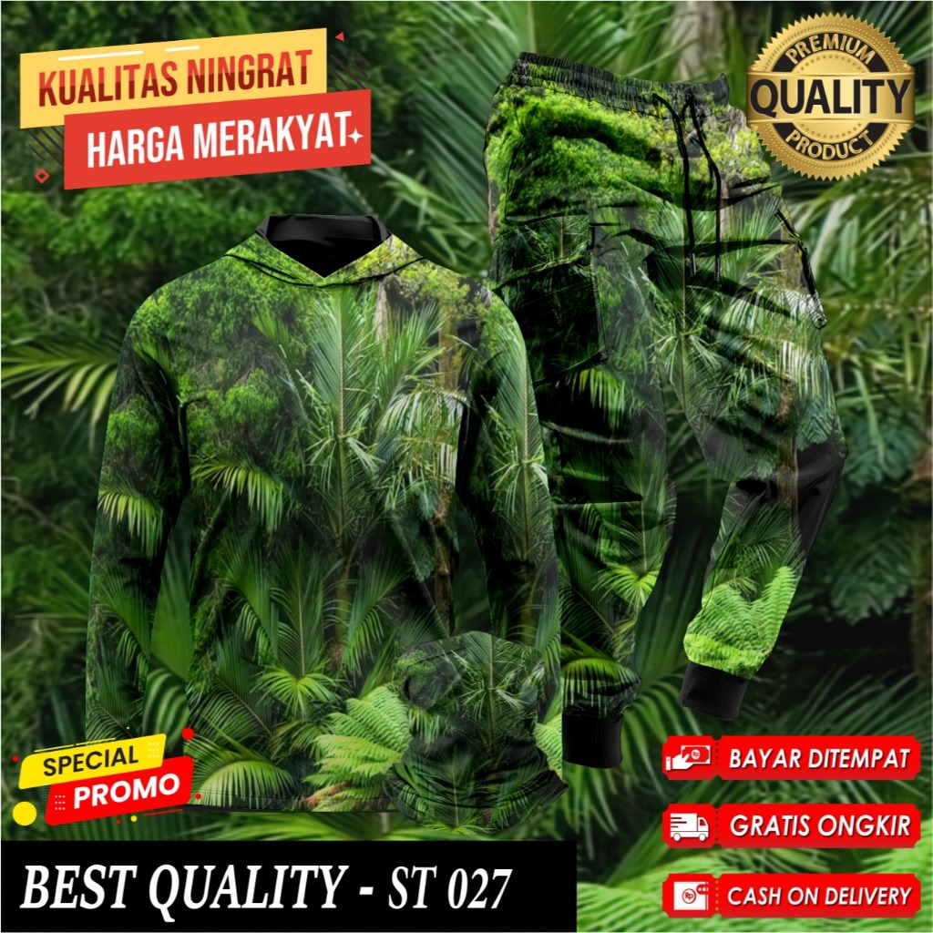 Setelan Baju Camo Hoodie Berburu Hunting Baju Berburu Hutan Kamuflase 1 Set Buff Celana Camo ST-027