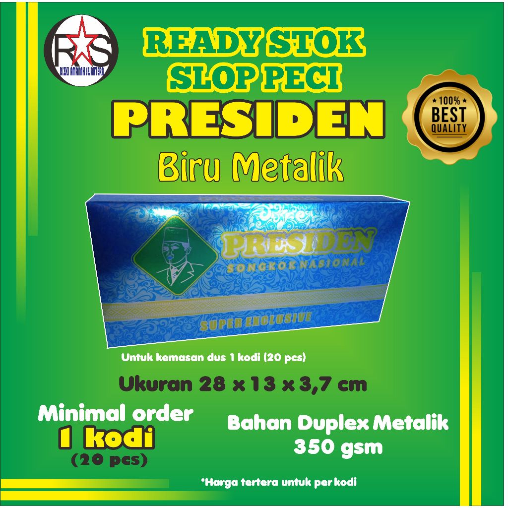 

Dus/Slop-Peci Presiden Biru Metalik (Harga untuk 1 kodi/20 pcs) (bahan-Duplek Metalik-350gsm)