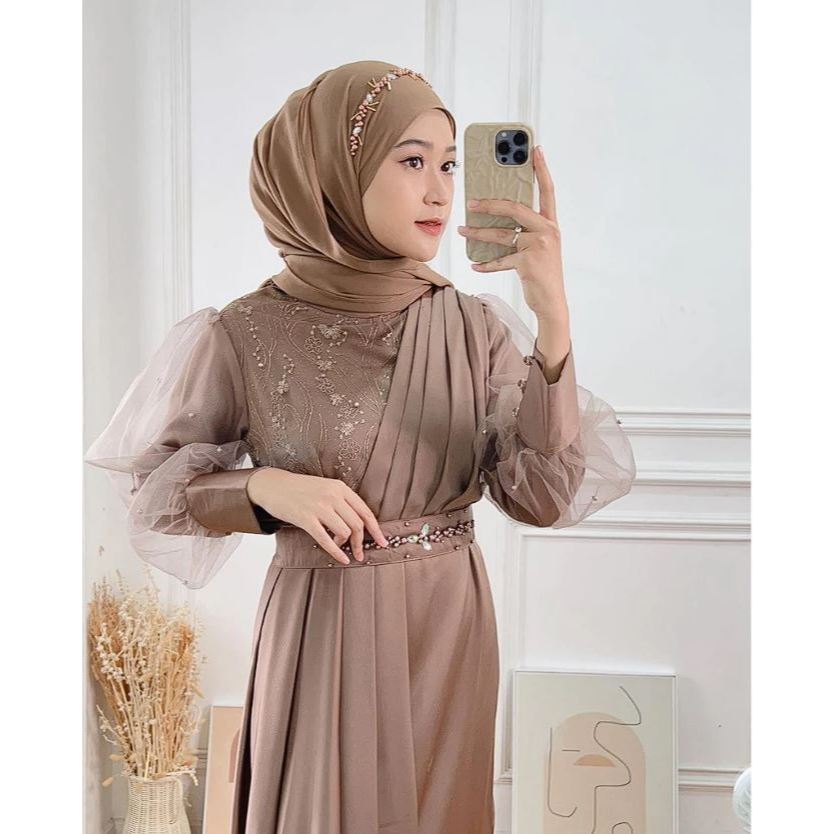 ADEEVA DRESS BROKAT KOMBINASI LENGAN PUFF FASHION MUSLIM WANITA GAMIS KONDANGAN MEWAH BAJU LEBARAN G