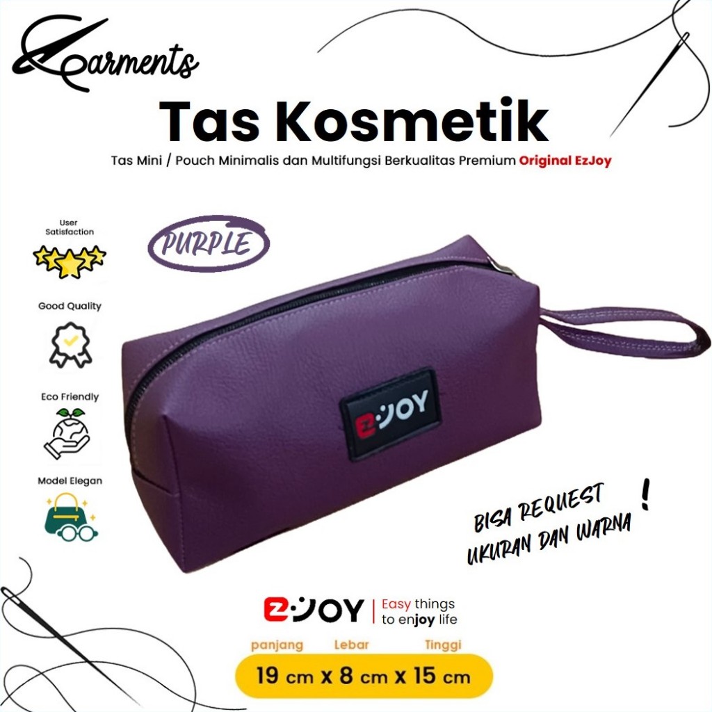 Tas Kosmetik Make Up Kulit PU WARNA PURPLE UNGU 19cm x 8cm x 15cm/ Pouch Lucu Multifungsi Merk EZJoy