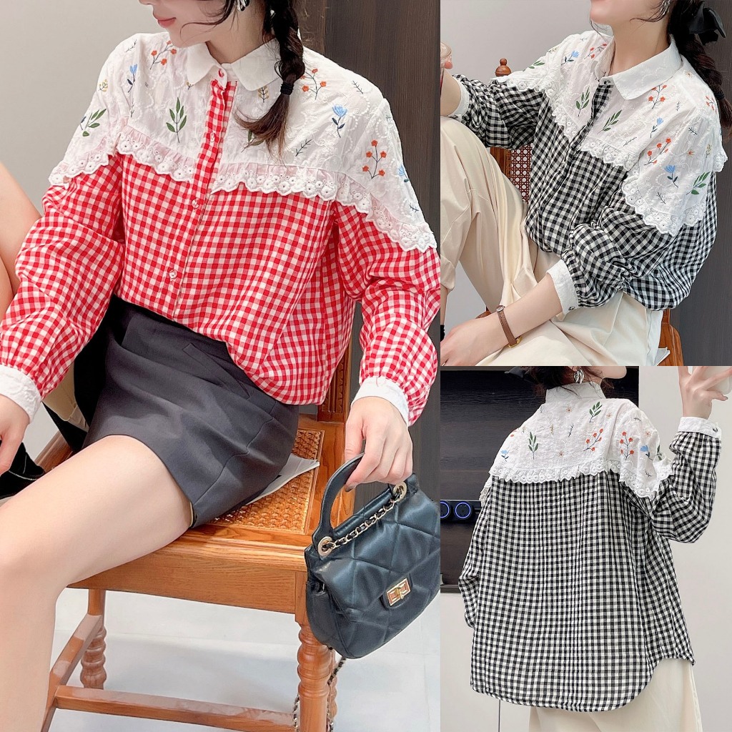 BLUS KEMEJA KATUN KOTAK MERAH HITAM PUTIH BAHU KATUN BRUKAT BORDIR BUNGA RAMPEL LACE OVERSIZE IMPORT