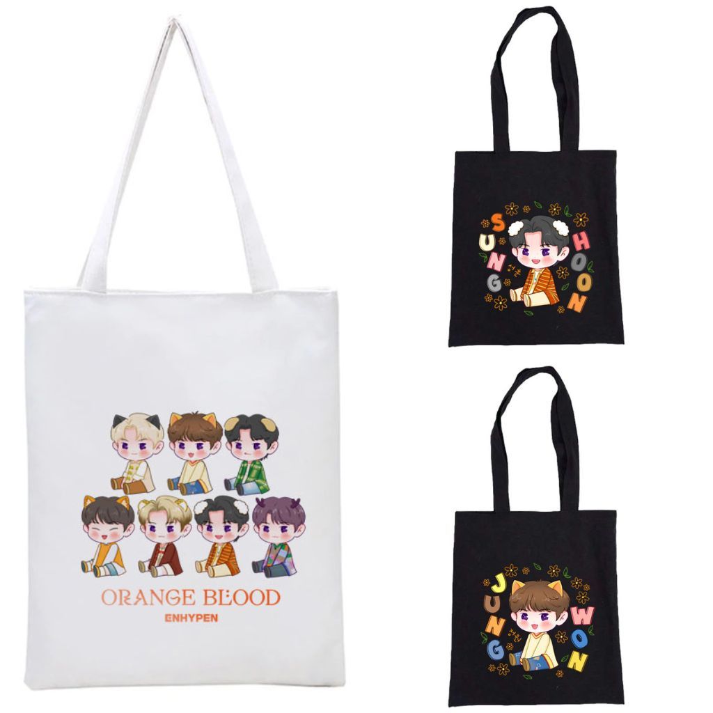 Totebag Enhypen Jay Jake Jungwon Fanart Chibi Lucu Kpop Korea Kanvas Wanita Anak Aesthetic