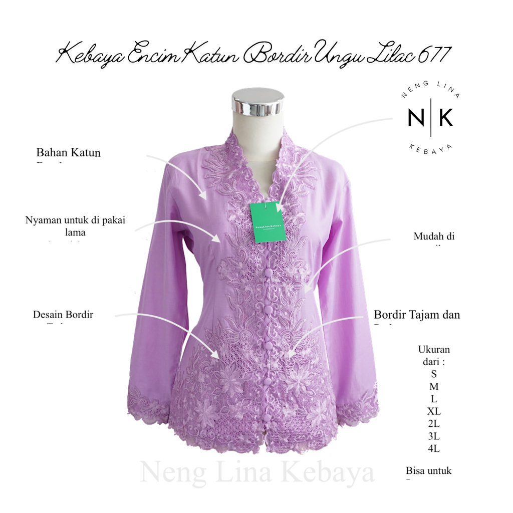 Kebaya Encim Katun Bordir Ungu 677 Lilac Neng Lina Kebaya