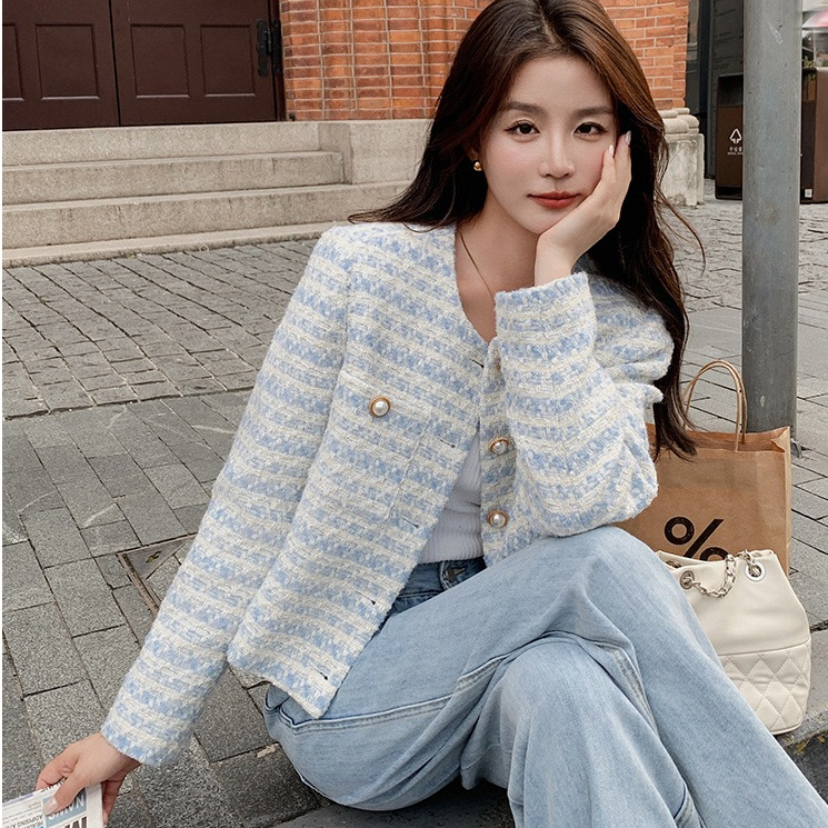 Blazer biru New  Round Neck Blue Soft Style Romantic for Women  M601