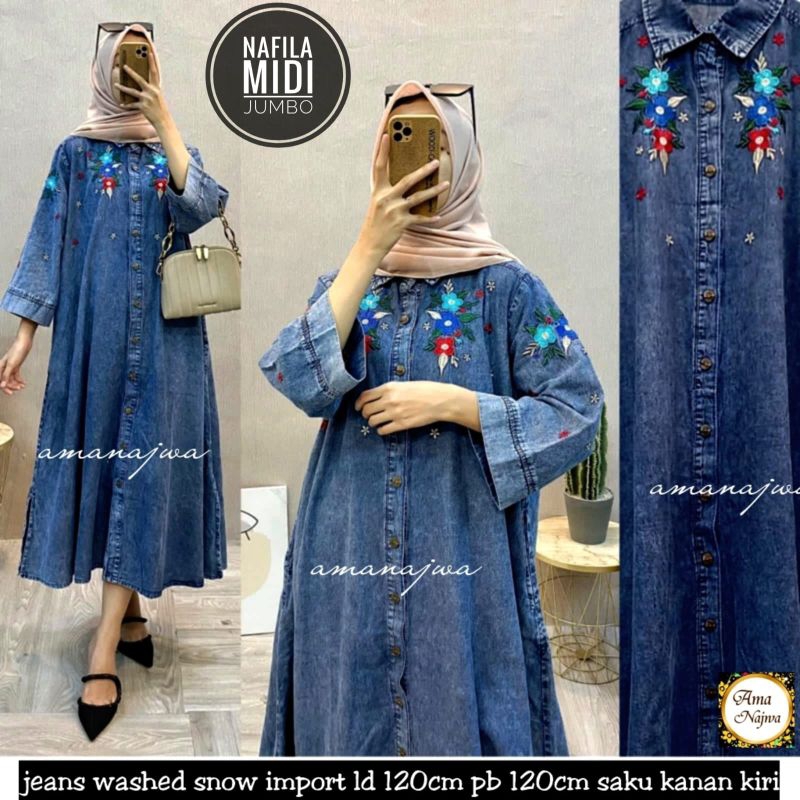 JUMBO LD 120 cm NAFILA MIDI GAMIS WANITA JEANS BY AMA NAJWA