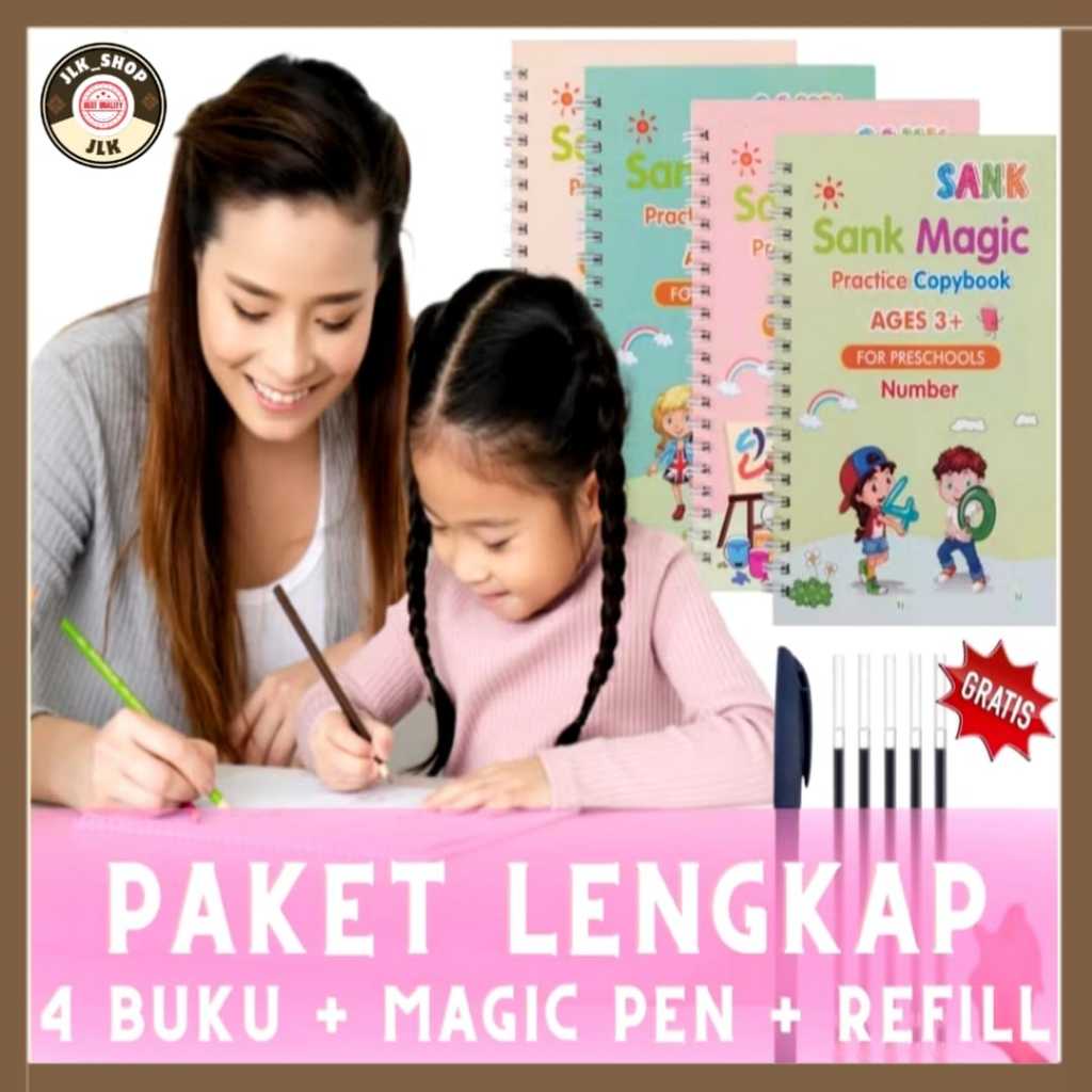

(JLK)Sank Book Magic /Buku Edukasi Belajar Menulis Huruf dan Angka 1 Set Isi 4 Buku + 5 Refil Pen