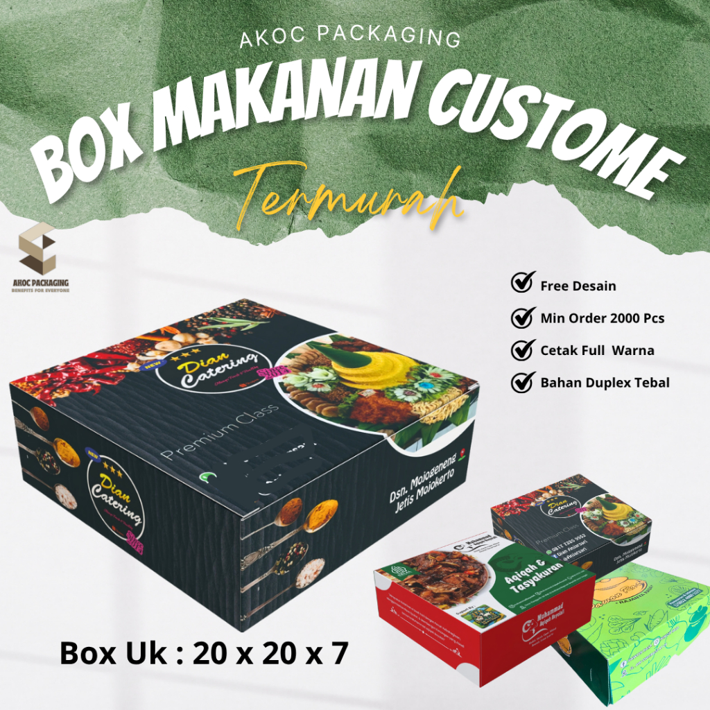 Cetak Custom Dus / Kotak Nasi uk. 20 x 20 x 7 cm (sambung) Full Color