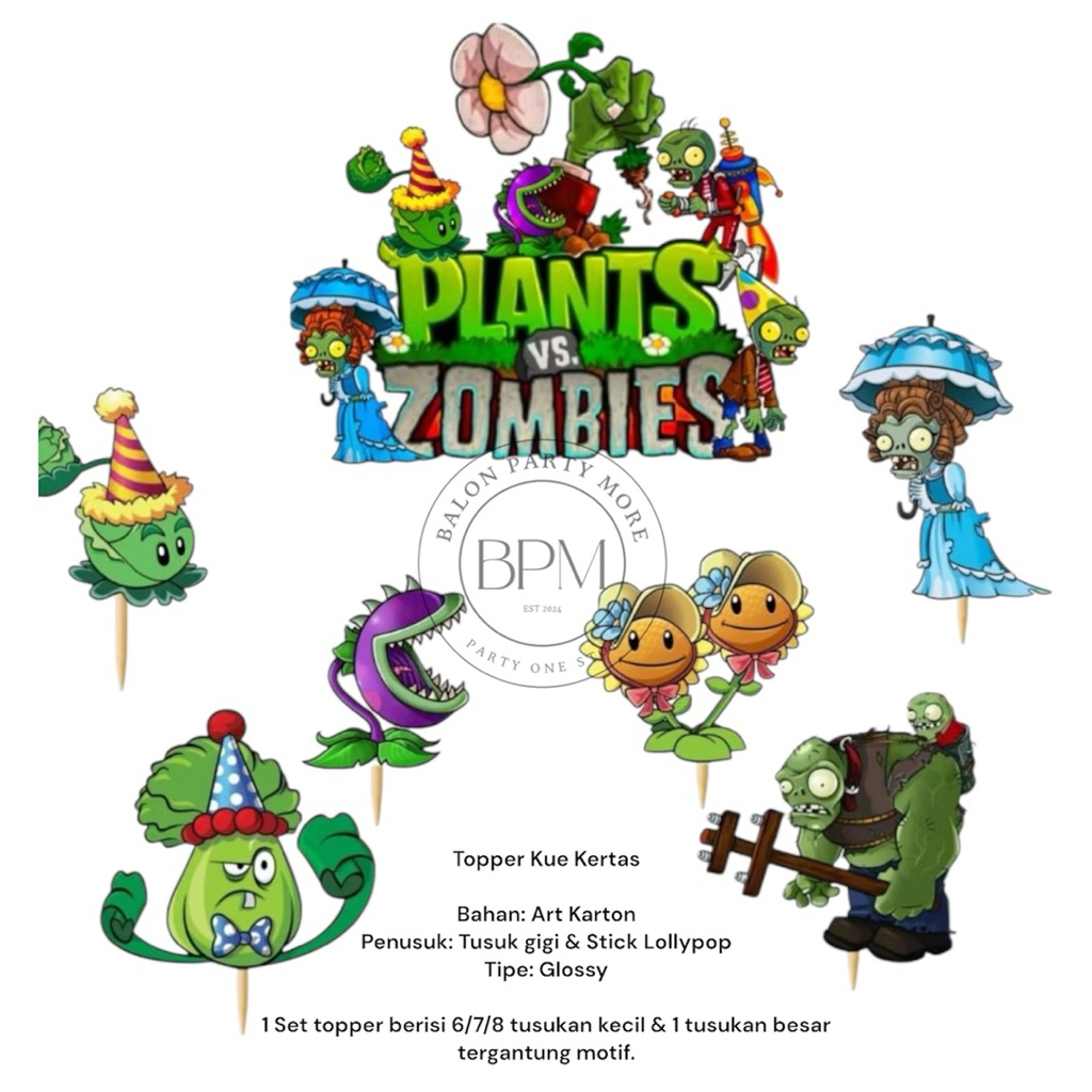 (SET PLANTS VS ZOMBIE) TOPPER PVZ ZOMBIES BAHAN ART PAPER KERTAS HIASAN BUKET BERUANG PINK MERAH MUD