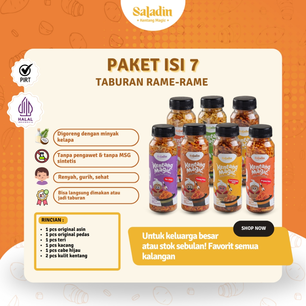 

Paket Lengkap 7 Snack dan Taburan Kentang – Semua Varian Saladin dalam 1 Paket, Kentang Mustofa