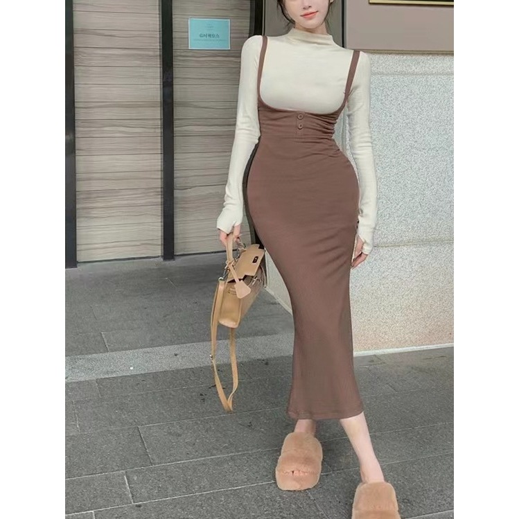 YSHOW One Set Turtle Neck Long Sleeve Top + Strap Midi Dress 1570 (S/M/L/XL)
