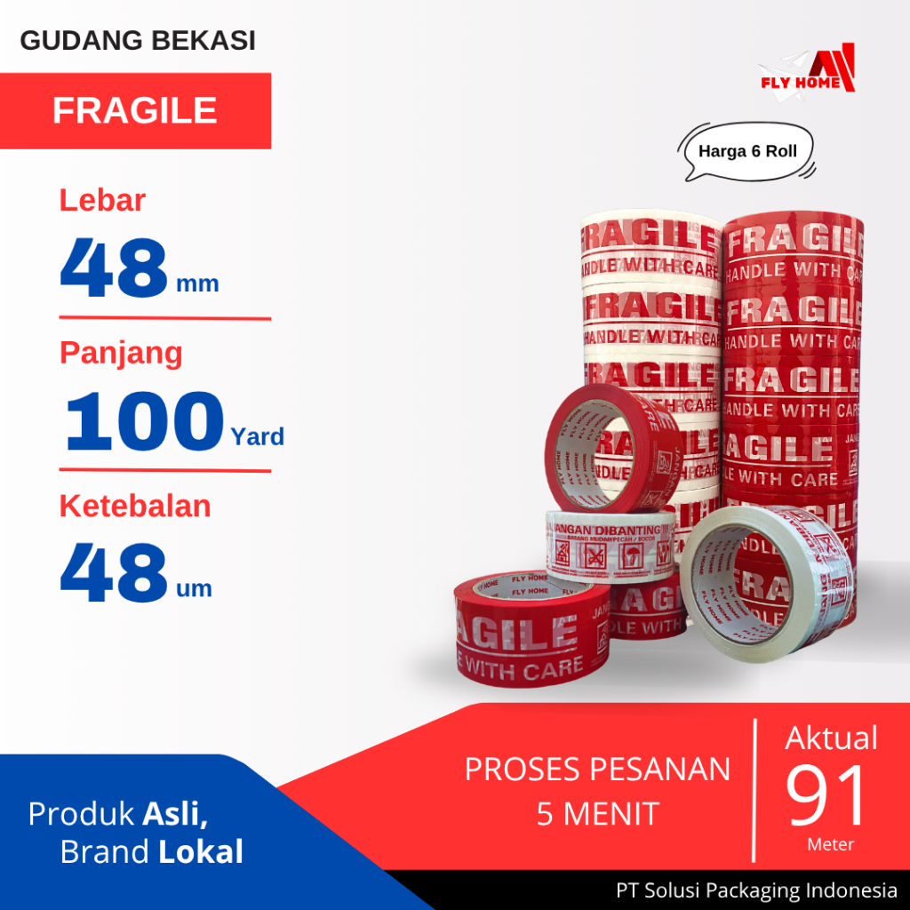 

FLYHOME 6Roll Lakban Fragile Merah Putih 48x100Y 2inci Uk Besar 91METER 100 Yard