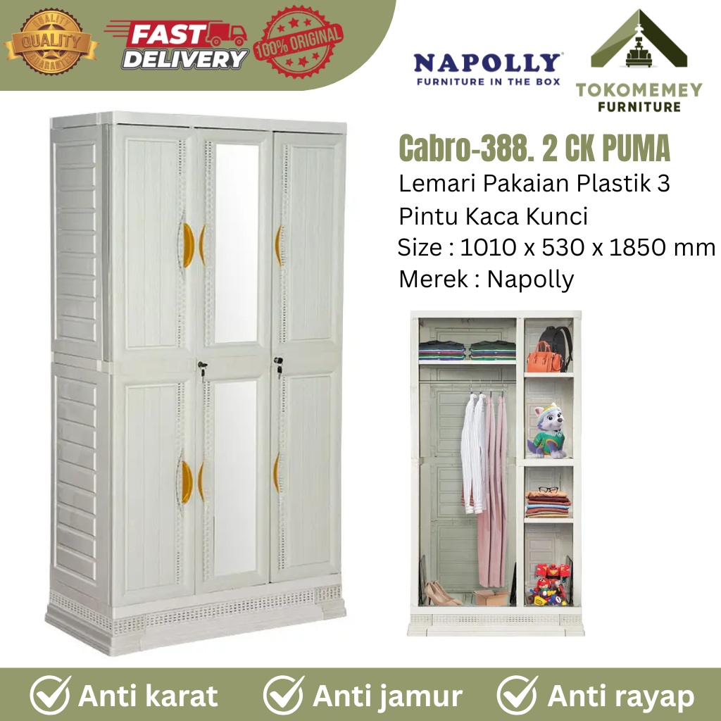 NAPOLLY LEMARI PAKAIAN CABRO 388 LEMARI PLASTIK MINIMALIS SERBAGUNA 3 PINTU CERMIN KUNCI LEMARI 3 PI