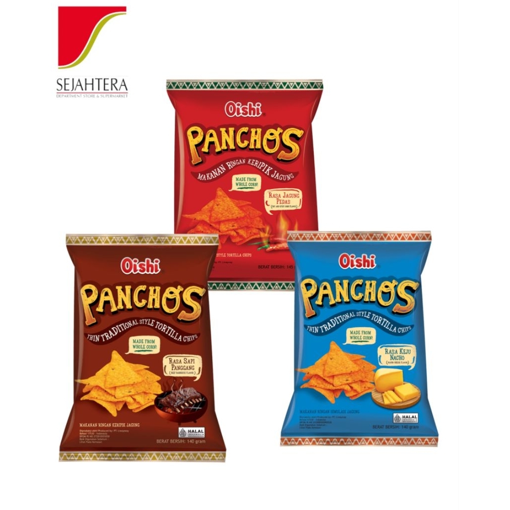 

OISHI Panchos ( Jagung pedas,Sapi Panggang,Keju Nacho ) 140gr