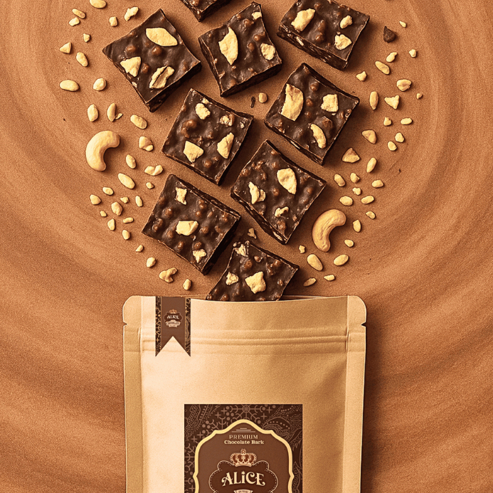 

ALICE DARK CHOCOLATE BARK - Cashew and Rice Crispy | Snack Dark Coklat dengan Mente Cacah dan Rice Crispy