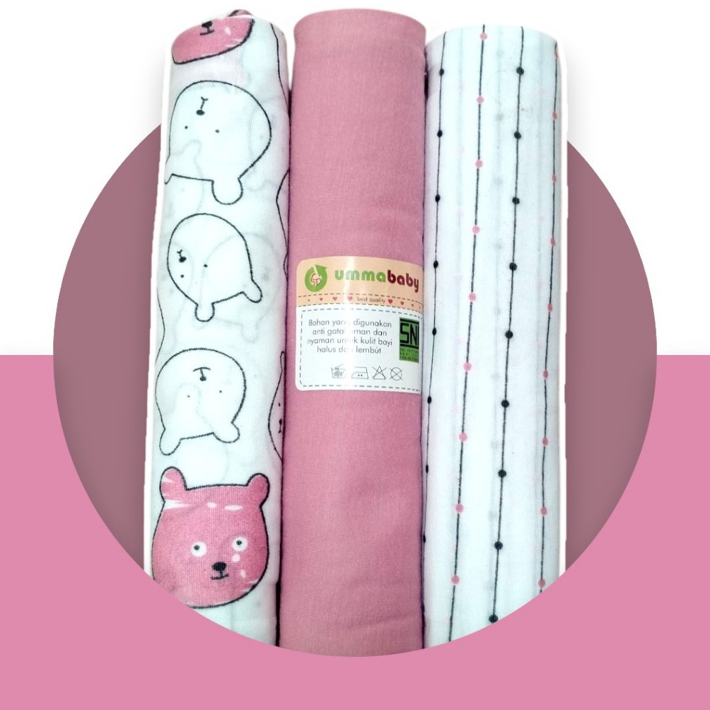 KODE L64Z Ummababyshop 3pcs Bedong Bayi Polos Motif Lucu SNI 11x9 Lembut Halus Selimut Bayi Alas Bay
