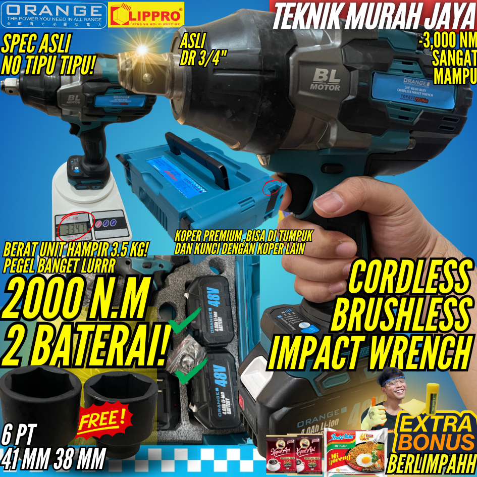 ORANGE LIPPRO Cordless Impact Wrench 2000 NM 2 Baterai Alat Buka Baut Fuso Hino Tronton Giga 3000 NM