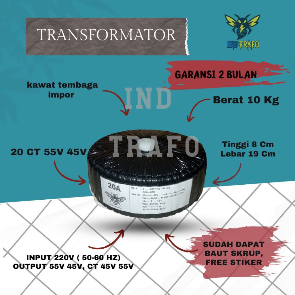 trafo toroid donat 20 ampere ct 55v - 45v