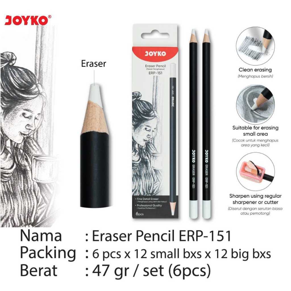 

penghapus bentuk pensil joyko kode erp 151 reaser pencil satuan ( kekerasan medium)