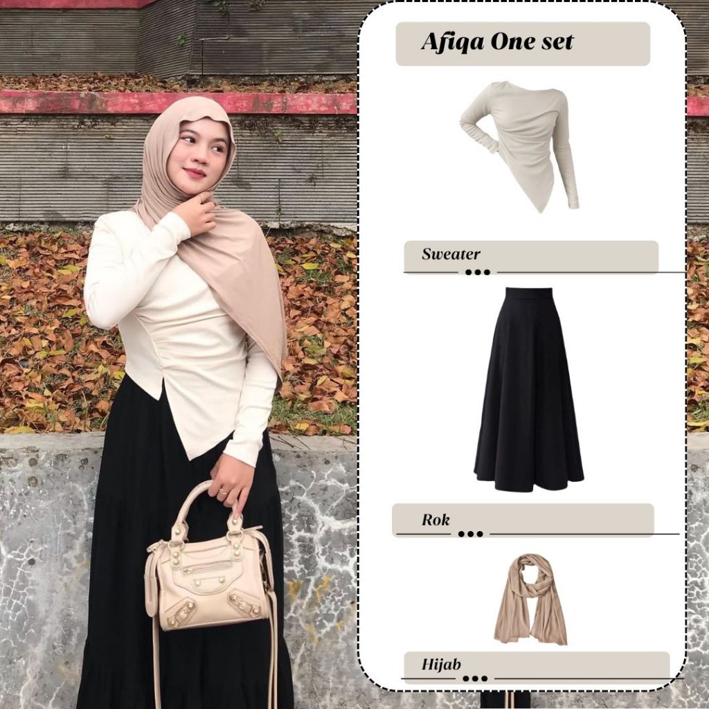 Afiqa One Set Wanita Korea Blouse Kerut Samping Rok Basic Hijab Pasmina Jersey Setelan Casual Ootd