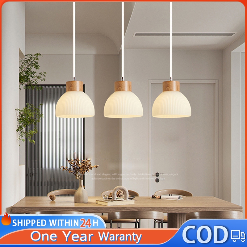Lampu Gantung Nordik Kap Lampu Kaca Kayu Solid Pendant Light Lampu Hias Ruang Tamu Dan Ruang Makan L