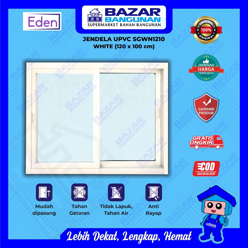 Eden - Jendela Geser Window Sliding Sleding SGWN1210 SGWN 1210 UPVC Kaca White Putih 120x100