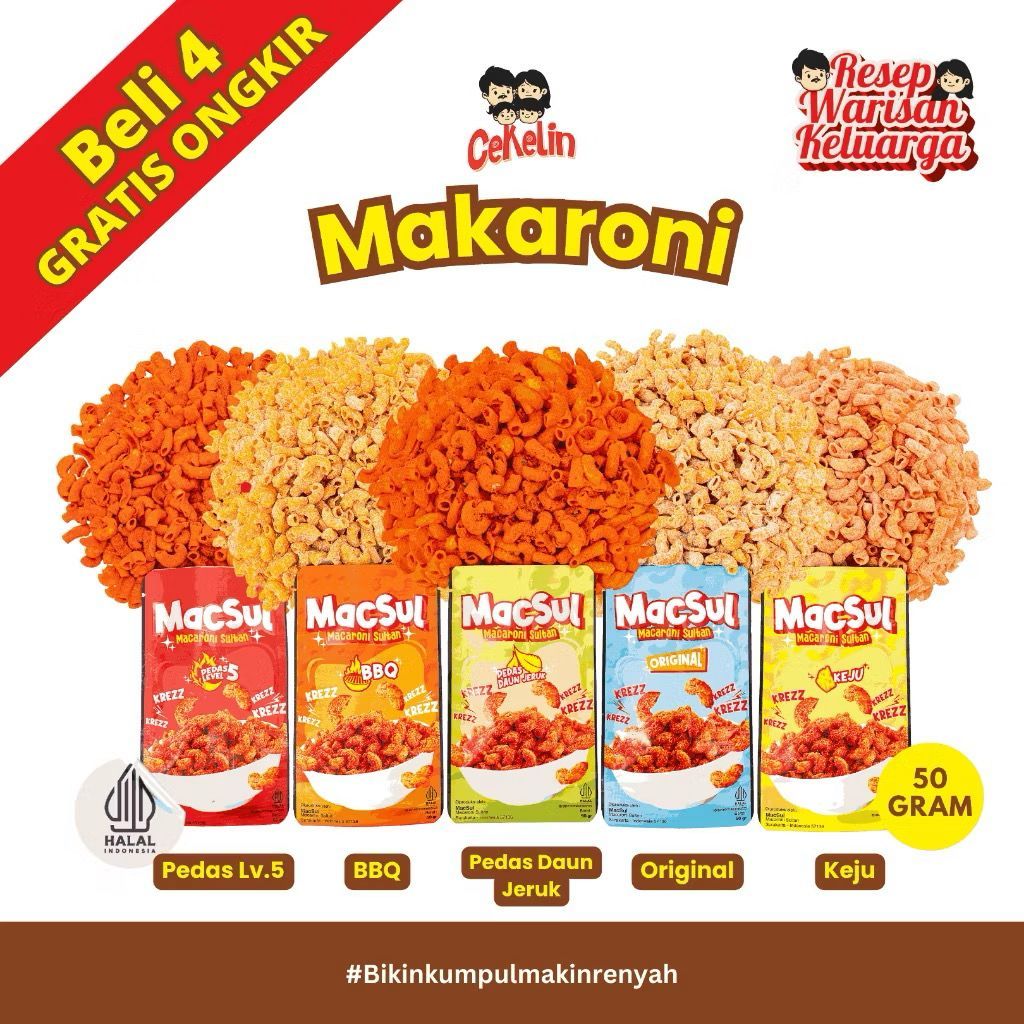 

CEKELIN Cemilan Makaroni - Isi 50gr Beli 4 Gratis Ongkir
