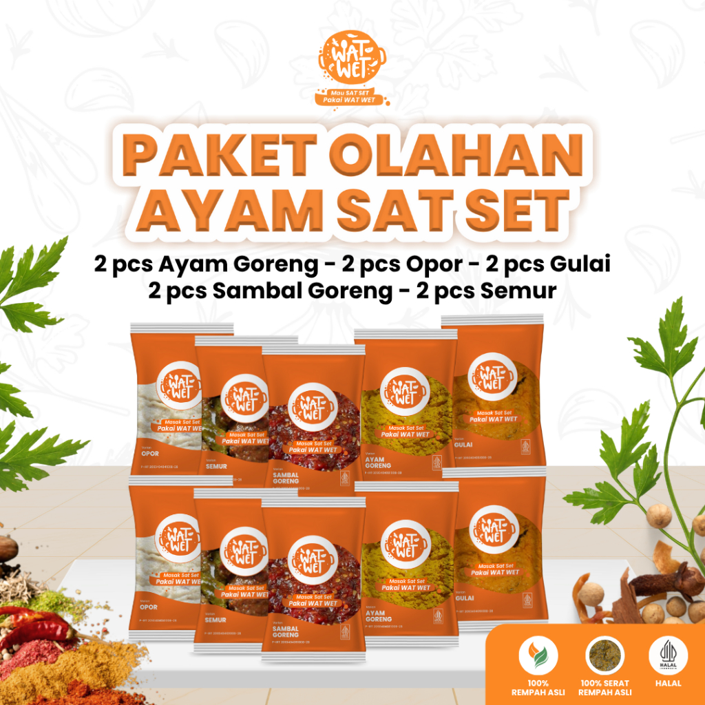 

[PAKET BUMBU MASAK INSTANT OLAHAN AYAM SAT SET] WAT WET Bumbu Masak Siap Pakai Instant Praktis Isi 10 pcs | 5 Varian : Ayam Goreng, Opor, Gulai, Semur dan Sambal Goreng