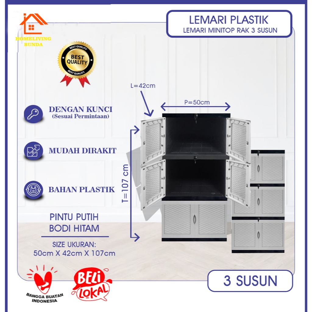 Lemari Pakaian Plastik 3 Susun / Lemari Plastik Lemari Pakaian 3 Susun dengan Kaca dan Kunci