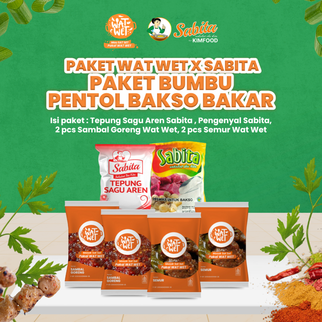 

[PAKET MASAK KOMPLIT PENTOL BAKSO BAKAR] WAT WET x SABITA | Bumbu Masak Instant 2pcs Semur & 2pcs Sambal Goreng + 1 Tepung Sagu Aren 500g + 1 Premiks Bakso 65g (Isi 4 pcs)