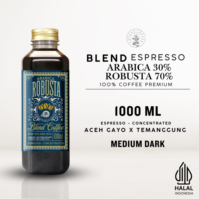 

Kopi Konsentrat Kopi Blend Arabika 30% Robusta 70% Espresso Cair 1000 ML | Konsentrat Kopi Espresso | Es kopi susu | americano| Temanggung | Aceh gayo | Medium Dark Roast - Sutoyo coffee