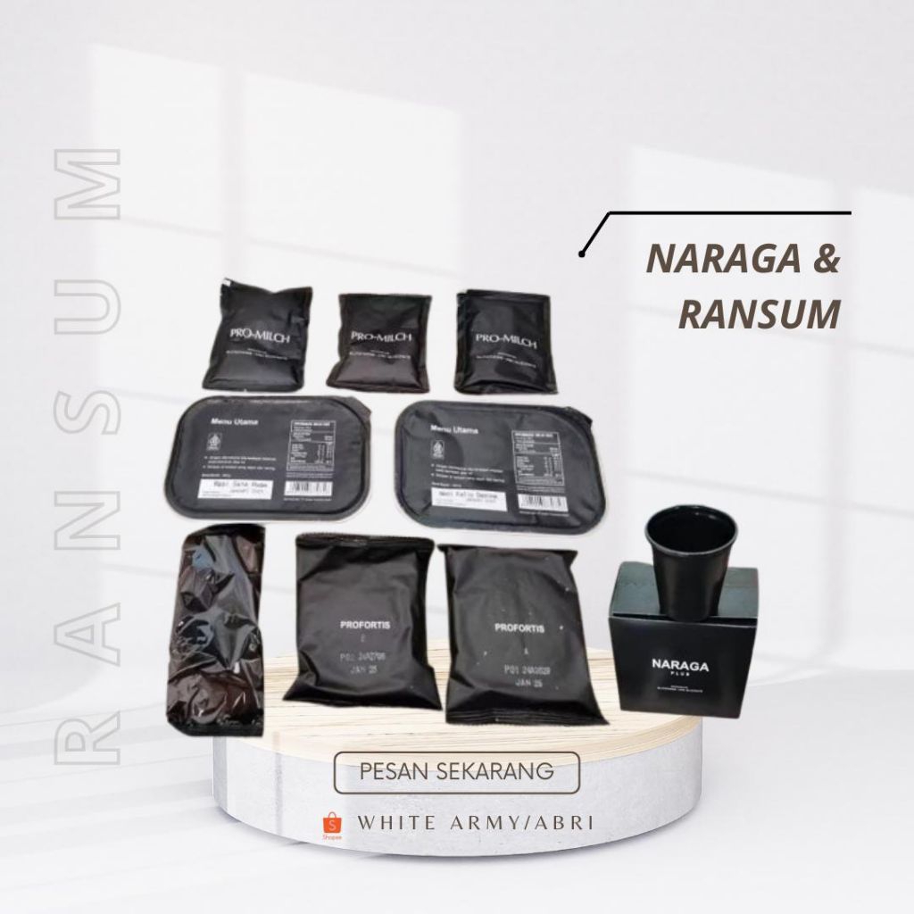 

RANSUM/NARAGA PLUS 1 PAKET DUSH/SURVIVAL FOOD/EMERGENCY FOOD/NASI KALENG MAKANAN TNI