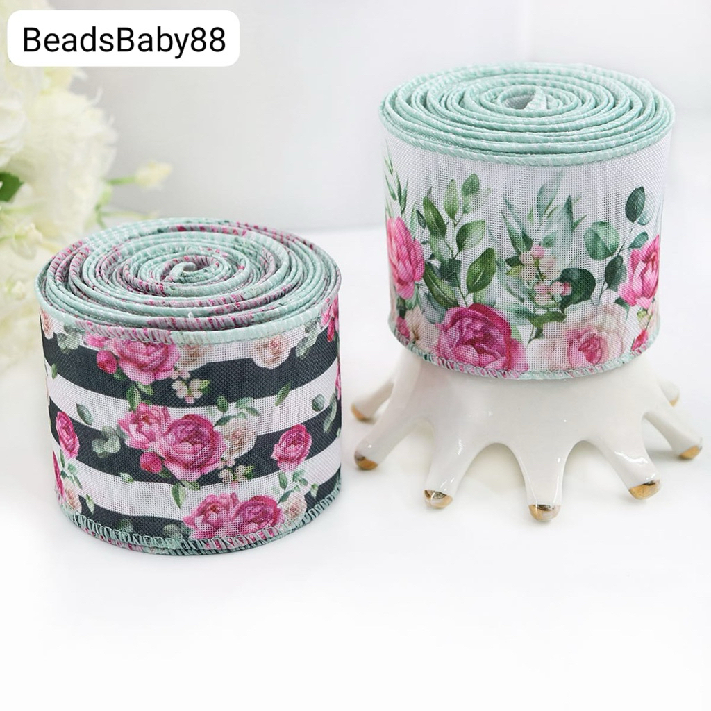 

BeadsBaby88 Pita Katun Tebal Motif Bunga Cantik size 63mm/6,3cm (harga per yard) High Quality cocok untuk pita custom handmade, daenggi , baeshi, hiasan sangjit , imlek , jepitan rambut, bando anak wanita, bross ala korea dan kerajinan lain