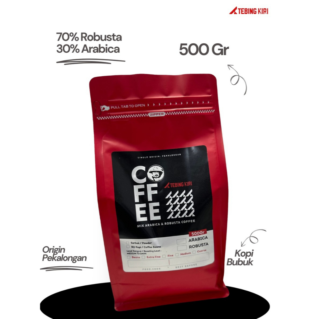

TEBING KIRI 500 gr KOPI BUBUK MIX BLEND ROBUSTA 70% ARABICA 30% PREMIUM ASLI PEKALONGAN MEDIUM ROAST