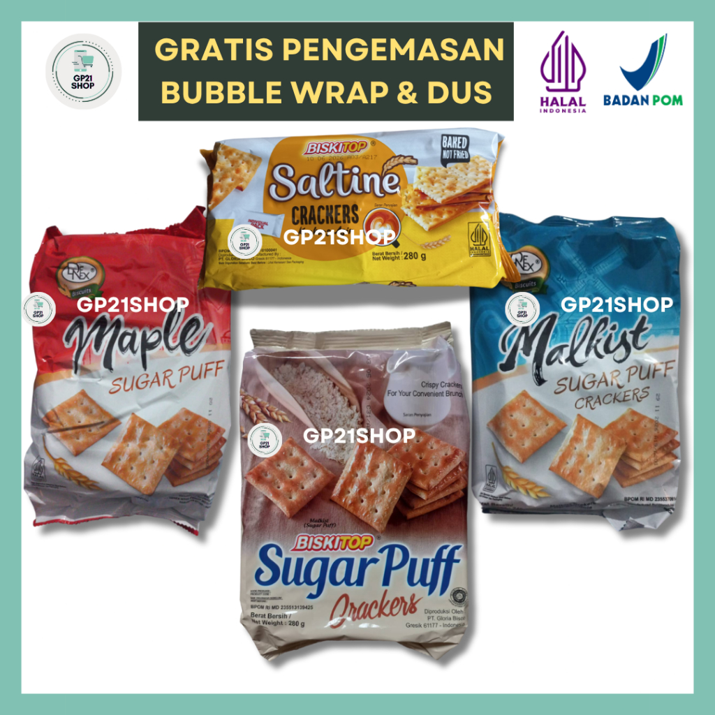 

Biskitop Sugar Puff 280gr, Saltine 280gr, Denex Sugar Puff 240gr Biskuit Snack Cemilan Murah Enak