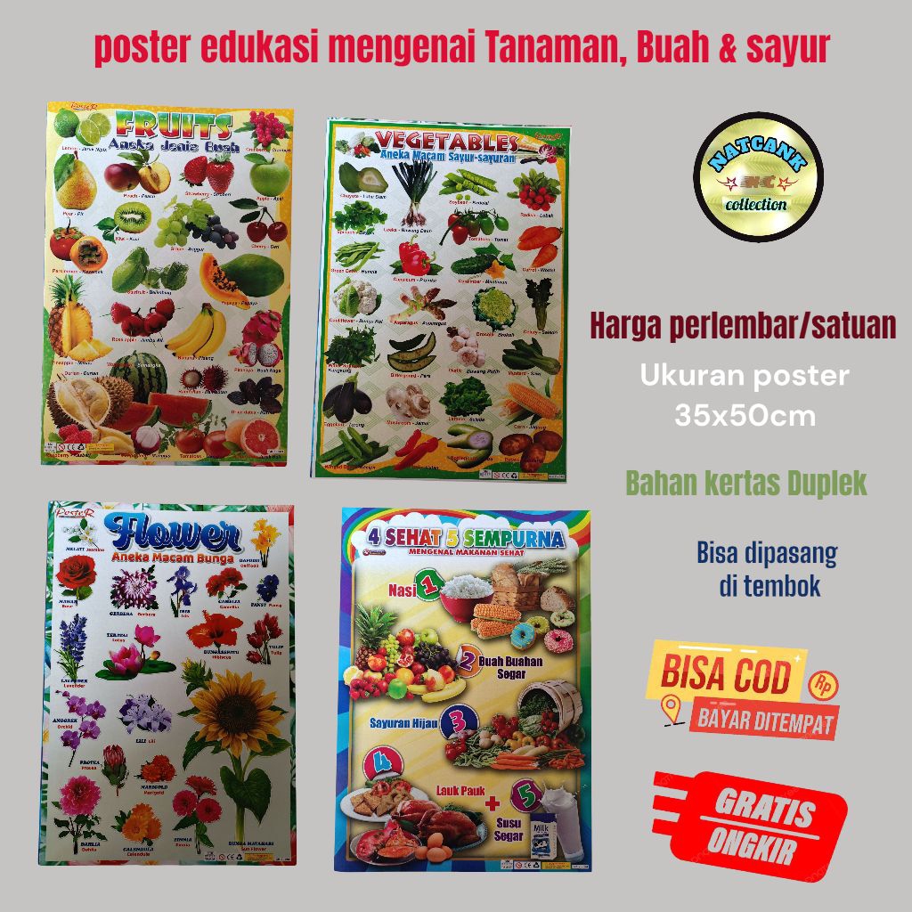 poster edukasi pengenalan makanan, Tanaman, buah buahan dan sayuran