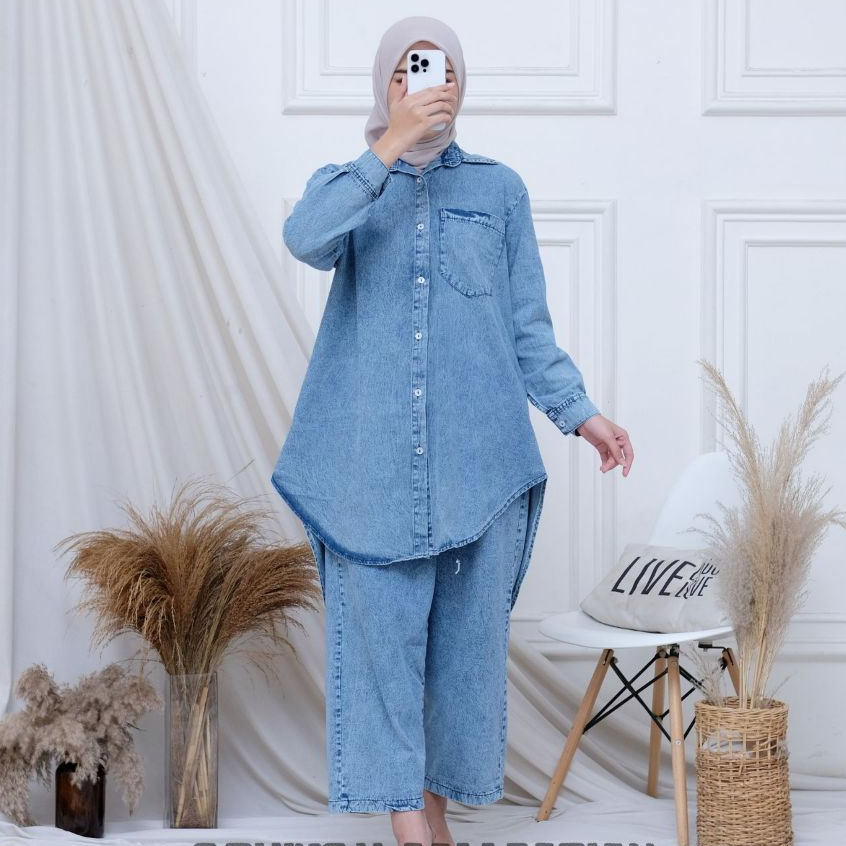 SETELAN TUNIK JEANS OVERSIZE LD 100-120// SETELAN TUNIK JEANS WANITA
