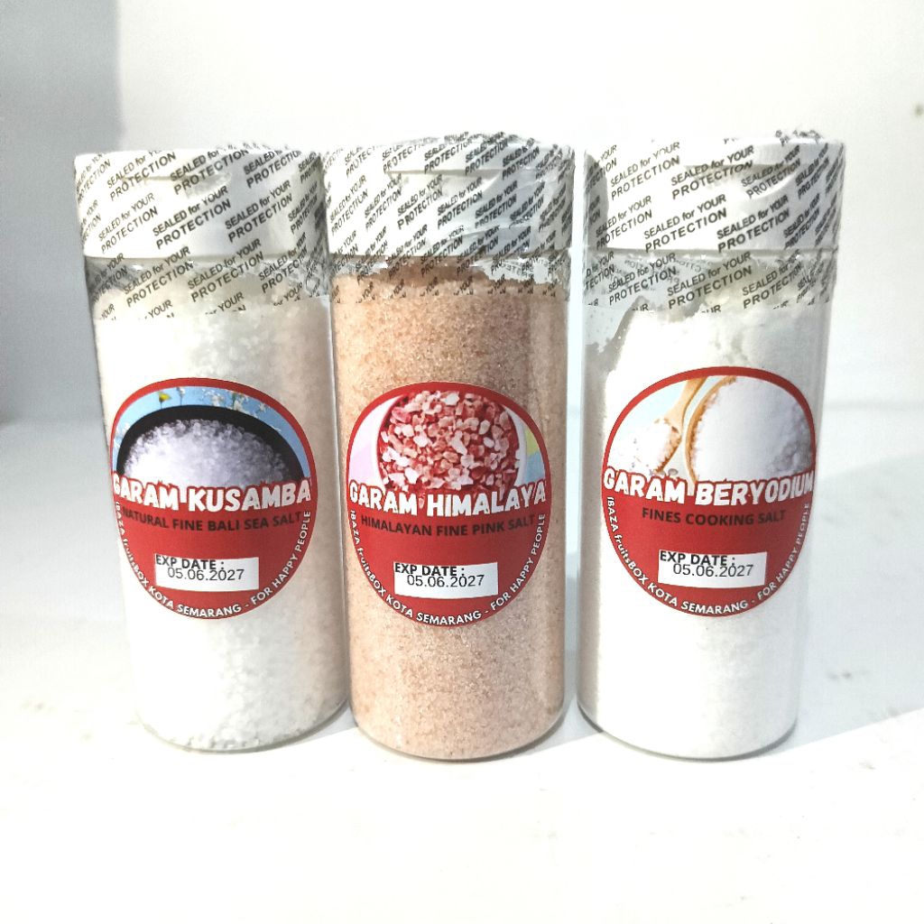 

Paket 3in1 Garam Sehat : Garam ber-Yodium, Garam Kusamba, Garam Himalaya Kemasan Botol Bumbu Tabur 140ML