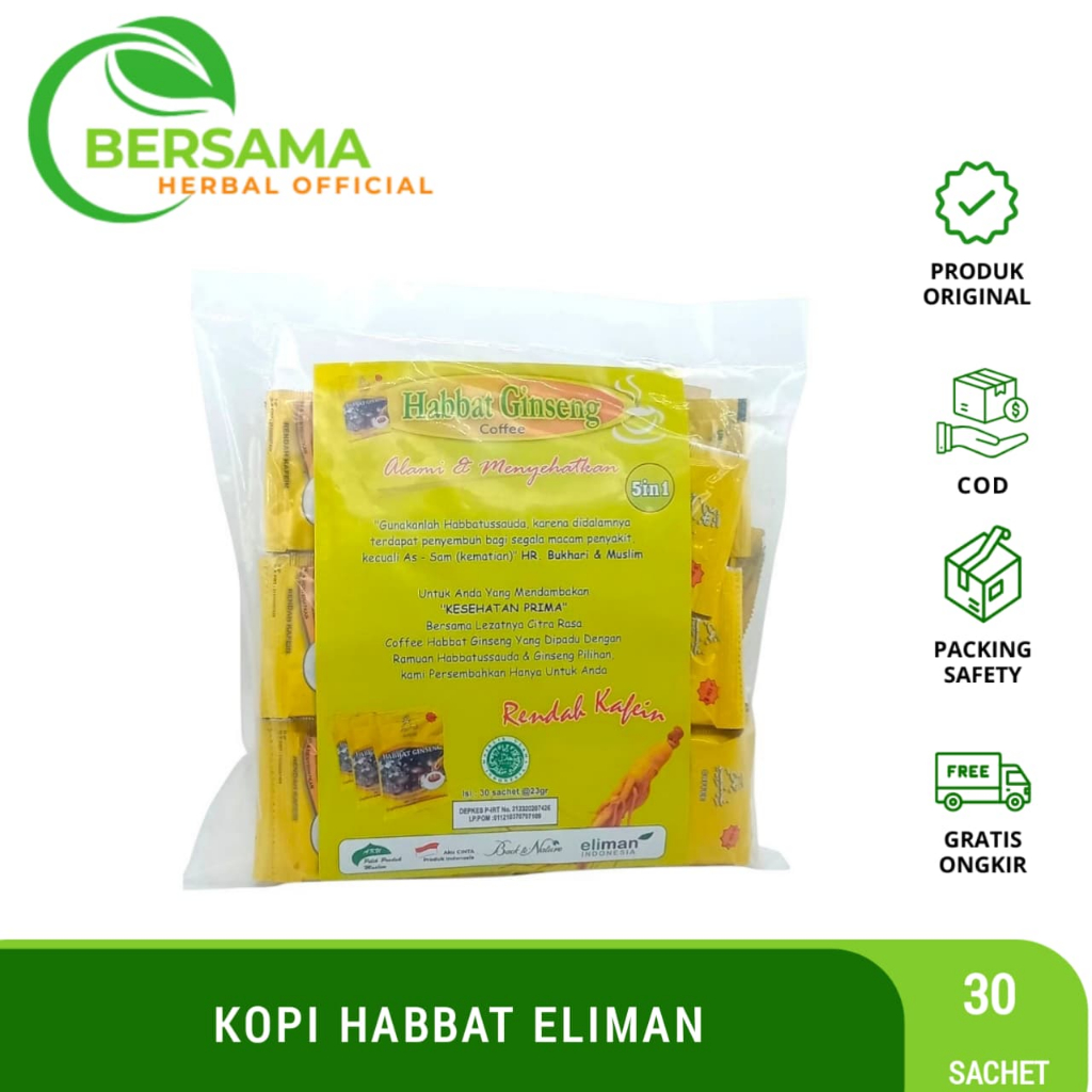 

Kopi Habbat Ginseng Eliman 30 Sachet | Habbat Ginseng Coffee 5 In 1 Rendah Kafein