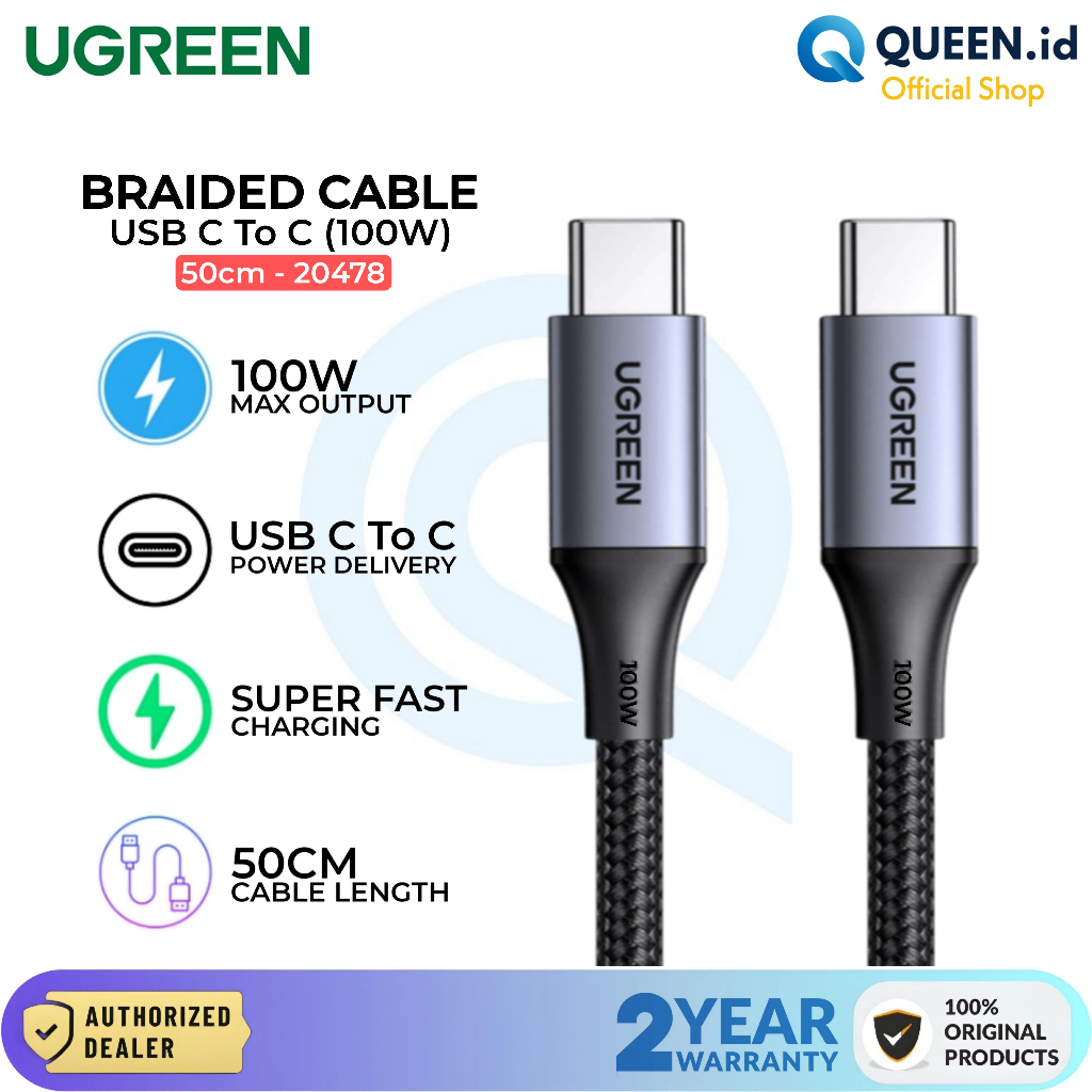 UGREEN Kabel Data Charger USB TYPE C To C PD 5A 100W 50cm QC 4.0 20478 Kabel Powerbank Pendek