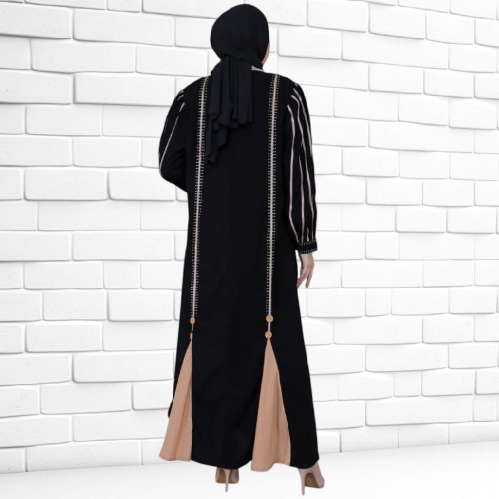 ABAYA SAKIRA BAHAN JETBLACK KOMBINASI COKSU DENGAN MATA SWAROVSKI S M L XL XXL