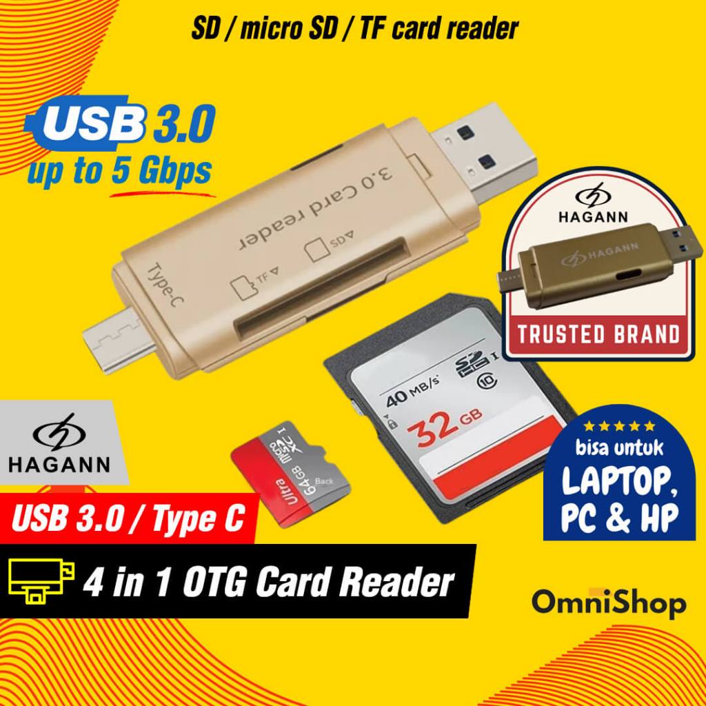 Mini Card Reader 4 in 1 HAGANN CR-030 Adapter USB 3.0 Type C for SD Card & Micro/TF Card Smart OTG C