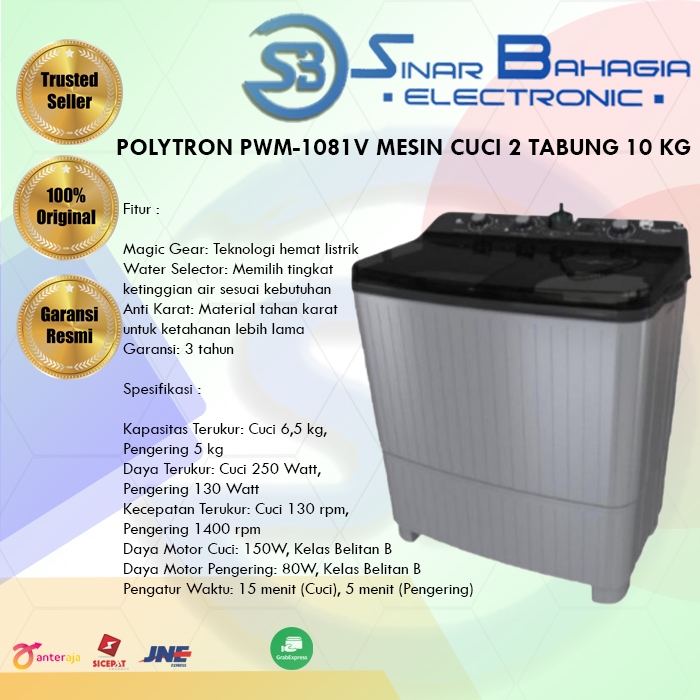 POLYTRON PWM-1081V MESIN CUCI 2 TABUNG 10 KG (NEW) (KHUSUS BANDUNG)