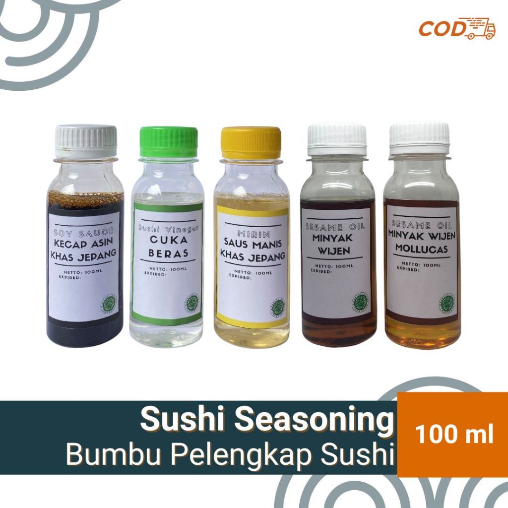 

Bumbu Sushi 100 ml - Soy Sauce / Shoyu / Kecap Asin Jepang - Mirin - Cuka Beras / Sushi Vinegar / Cuka - MInyak WIjen 100ml - Sesame Oil - Sushi Seasoning