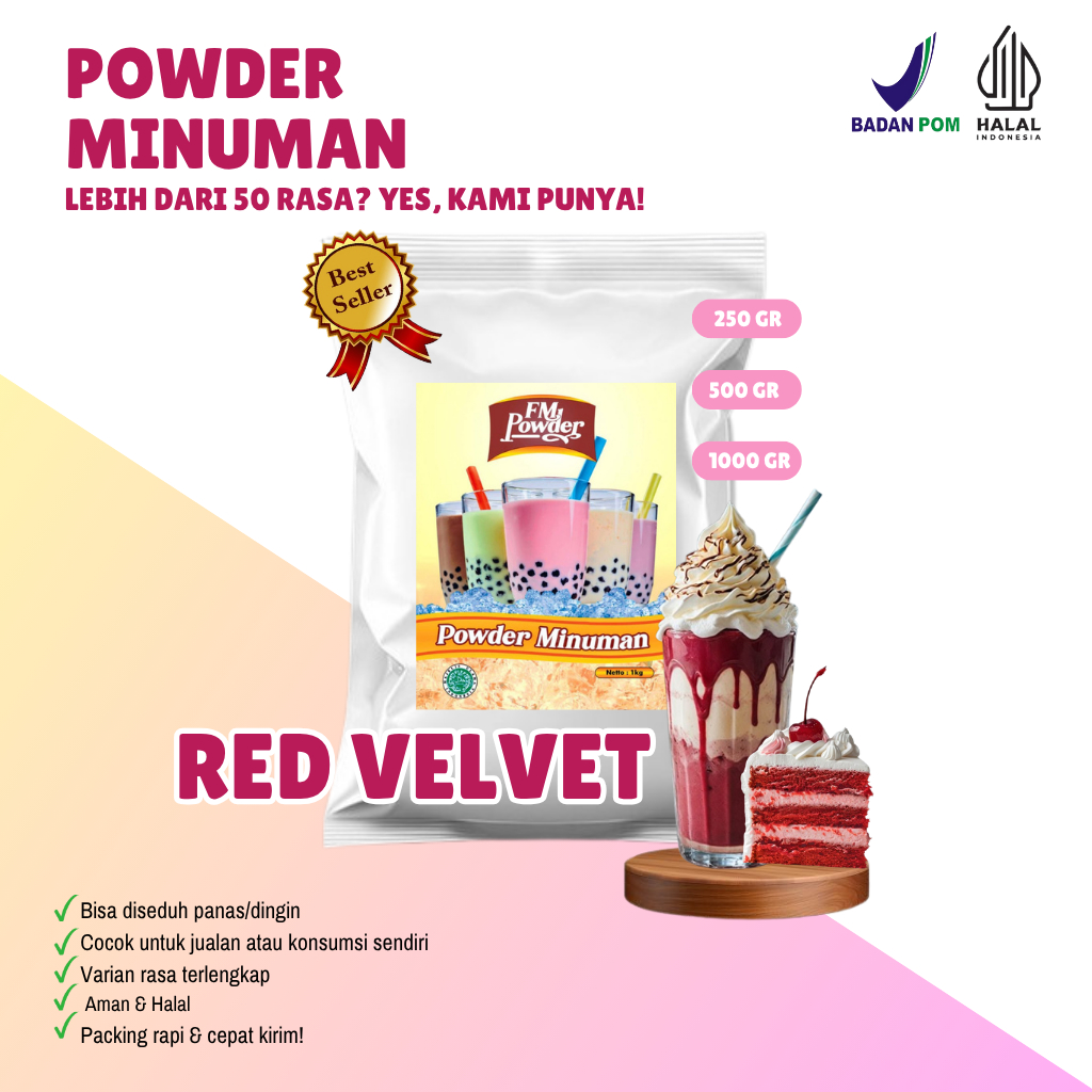 

RED VELVET FM Powder Drink - Bubuk Minuman Instan Varian Rasa Buah Kemasan 500gr dan 1000gr(BPOM&HALAL) Minuman Praktis, Harga Hemat, dan Rasa Fantastis